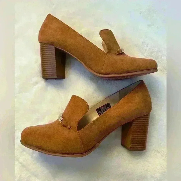 Tan Suede Chunk Heel Loafers - Picture 1 of 7